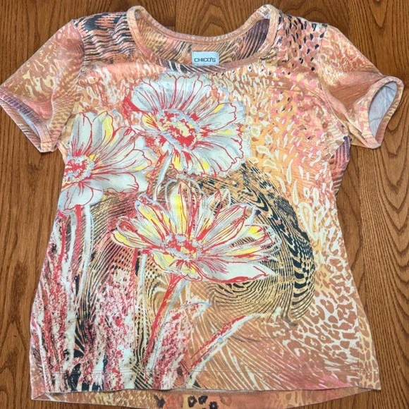 Chico's Women Orange Floral Animal Print Short Sleeve Scoop Neck Tee - Picture 2 of 4
